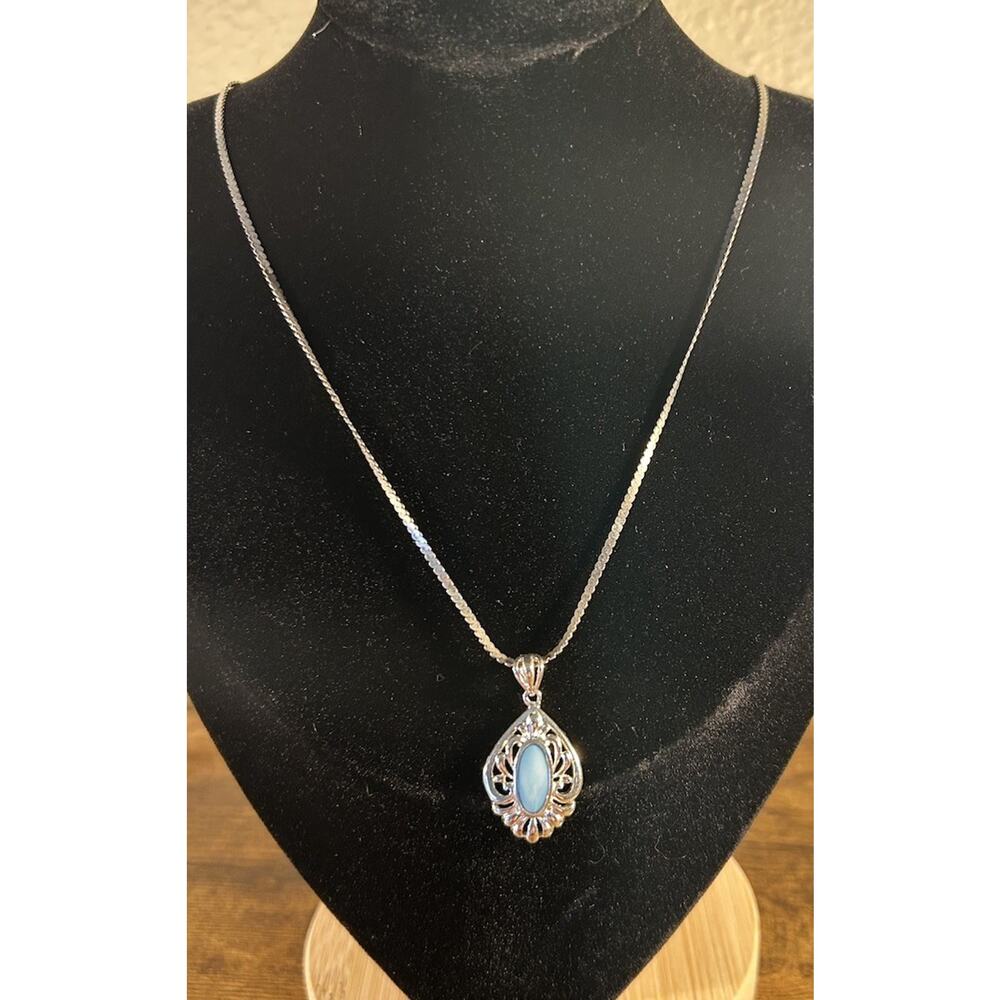 Sterling Silver 925 Blue Cabochon Pendant Necklace Vintage Style Filigree 18”